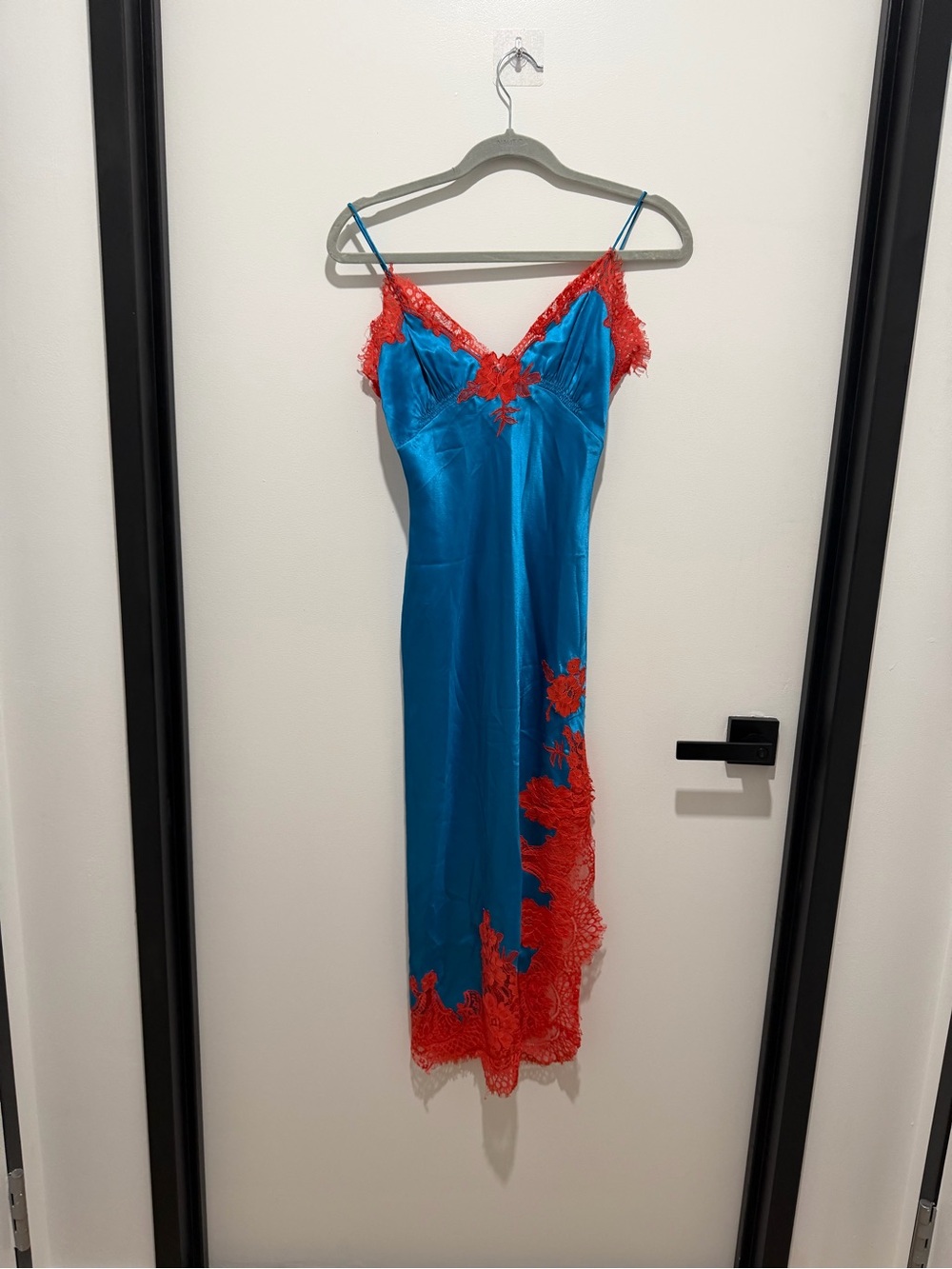 Alice + Olivia Turquoise Satin Slip with Red Lace Trim